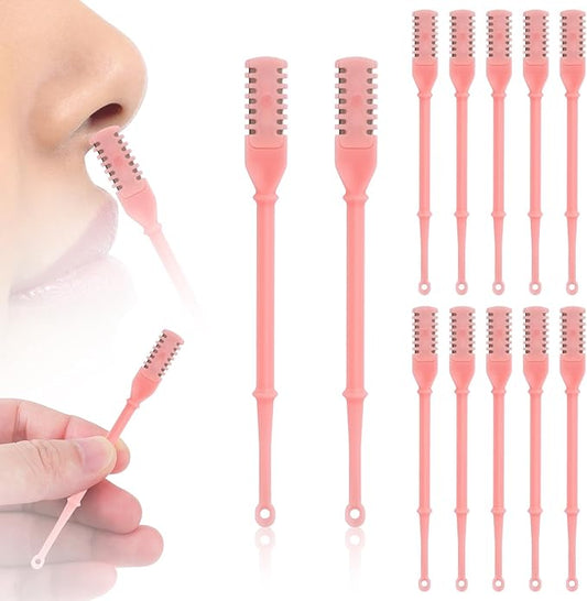 12pcs 2 in 1 Nasal Hair Cutter, 360 Rotating Nose Hair Trimmer for Men Women Double Sided Nose Hair Cleaner with Ear Picker Portable Manual Nostril Hair Removal Tool (Pink)