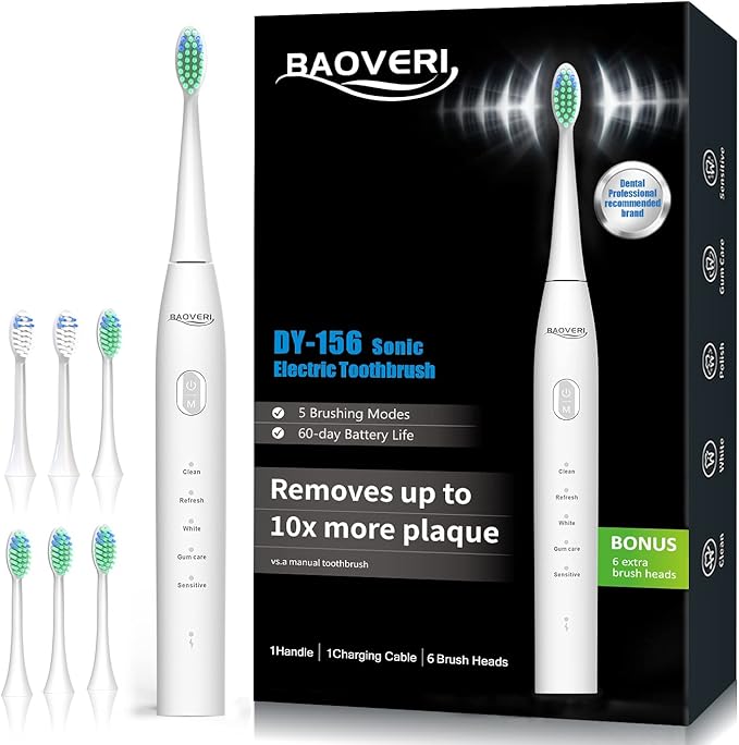 BAOVERI Electric Toothbrush for Adults & Kids,Rechargeable Ultrasonic Electric Toothbrush with 6 Dupont Brush Heads, IPX7 Waterproof, 5 Modes, 2 Minutes Smart Timer, 4 Hours Fast Charge for 60 Days