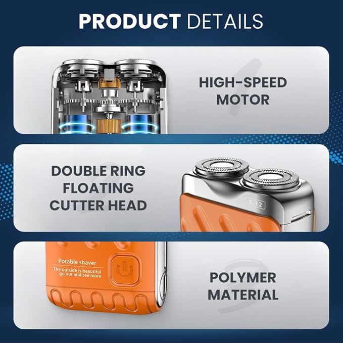 Portable Rotary Dual Ring Electric Shaver, Long Lasting Mini Rotary Dual Ring Electric Razor for Men, Compact USB Rechargeable Shaver for HomeTravel (Orange)