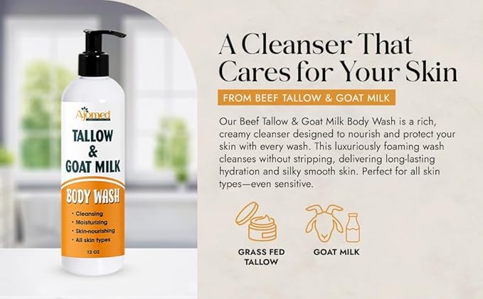 Tallow & Goat Milk Body Wash, handmade unscented body soap Moisturizing and Cleansing wash for All Skin Types 12 oz (Fragrance free)