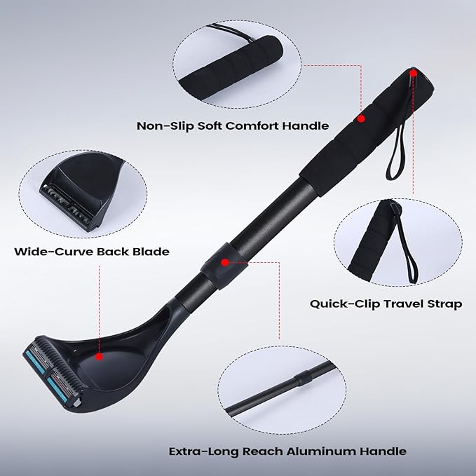 Back Shaver for Men - Retractable Long Handle Back Hair and Body Shavers,Replaceable Multi-Layer Double Blades（8PCS）, Ergonomic DIY Wet or Dry Shaving Solution - Black