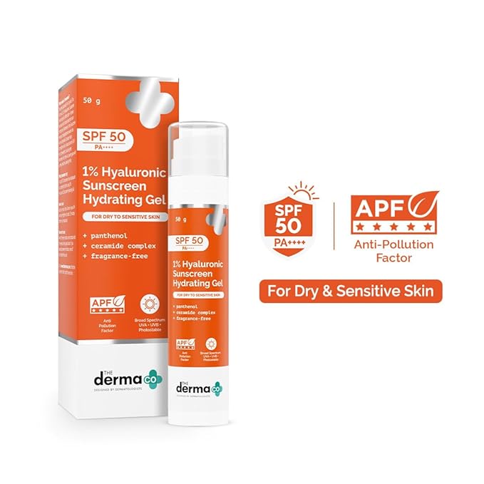 The Derma Co 1% Hyaluronic Sunscreen Hydrating Gel SPF 50 PA++++ | For Dry, Sensitive Skin | UVA/UVB, Broad Spectrum & Blue Light Protection | Clinically Tested - (In -Vivo) | For Men & Women | 50 g