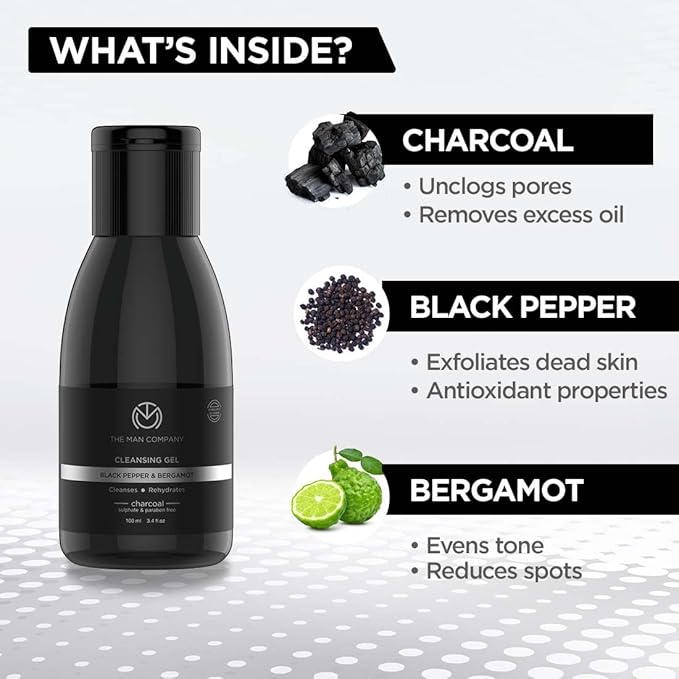 The Man Company Charcoal Cleanser for Oily Skin, Gel Based Cleanser (Black Pepper & Bergamot), Blackhead Cleanser, Oily Skin Facial Cleanser, 3.3 oz