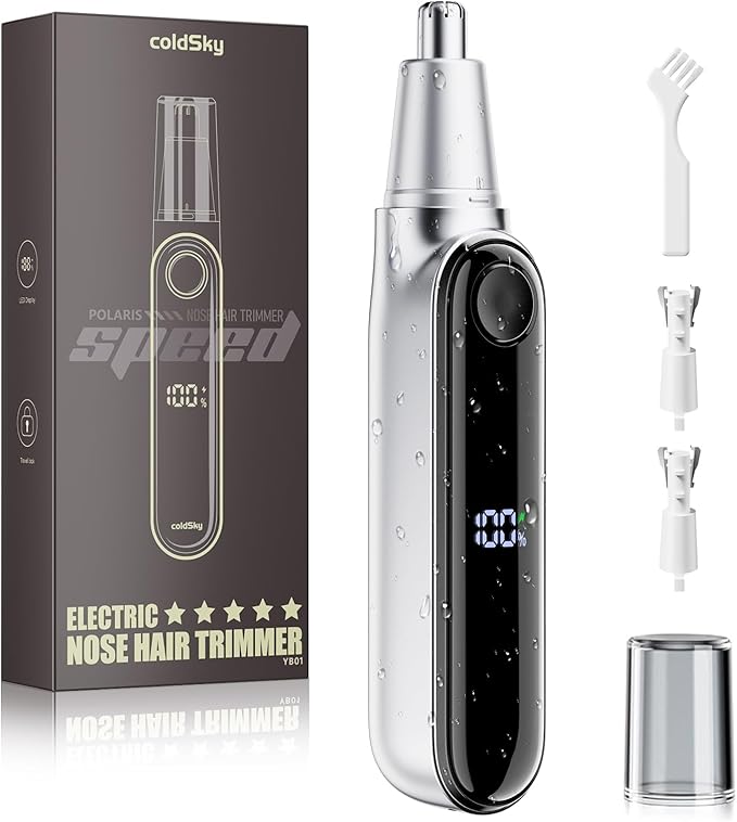 coldSky Ear & Nose Hair Trimmer with LED Display for Men Women - Professional Painless Eyebrow & Facial & Nose Hair Trimmer, USB Rechargeable, Dual-Edge Blades for Smoother Cutting Sliver