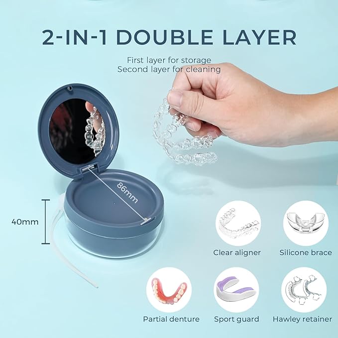 Denture Case, 2-in-1 Retainer Cleaner Case with Mirror & Strainer, Portable Aligner Bath Soaking Cup for Travel, Cute Orthodontic Storage Box for Mouth Guard, Night Guard & False Teeth, Blue
