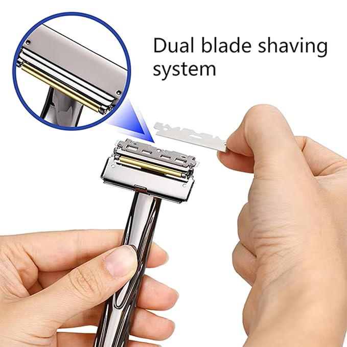 Men's Safety Razor with Silvery Double Stainless Steel Blades - 2 Half Flexible Blades for Smooth Gliding Shave & Beard Care (Silver)