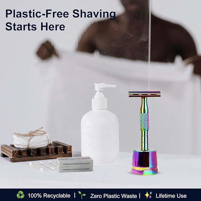 Rainbow Double Edge Safety Razor with Stand, Single Blade Razors for Men and Women, with 10 Safety Razor Blades, Smooth & Close Shave, Plastic Free