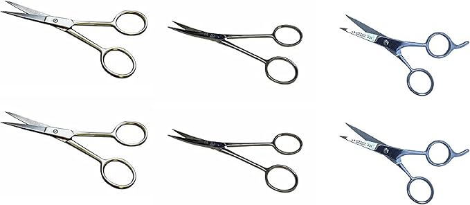Mustache Scissors 6 Piece Set - 2 Straight (4.7 inches each), 2 Curved (4.5 inches each) and 2 Straight with Finger Rest (4.2 inches each)