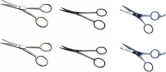Mustache Scissors 6 Piece Set - 2 Straight (4.7 inches each), 2 Curved (4.5 inches each) and 2 Straight with Finger Rest (4.2 inches each)