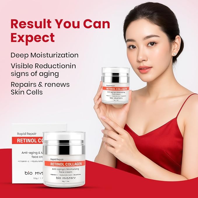 Retinol, Collagen, Hyaluronic Cream with Vitamin C & Glutathione – Lightweight Daily Moisturizer for Face & Neck – Hydrating Day & Night Fine Lines and Wrinkles | Anti Aging Cream – 50gm / 1.7 fl.oz