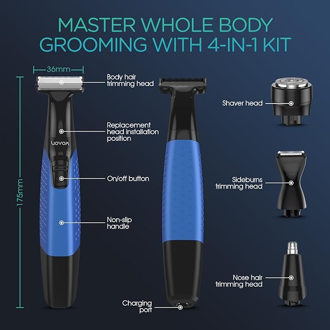 VOYOR Beard Trimmer for Men, Electric Razor, No Pain, Full Body Grooming, Face & Body Hair Trimmer, Adjustable Length Combs, All-in-1 Rechargeable Mens Grooming Kit, Cordless, Wet/Dry, TX510 (Blue)