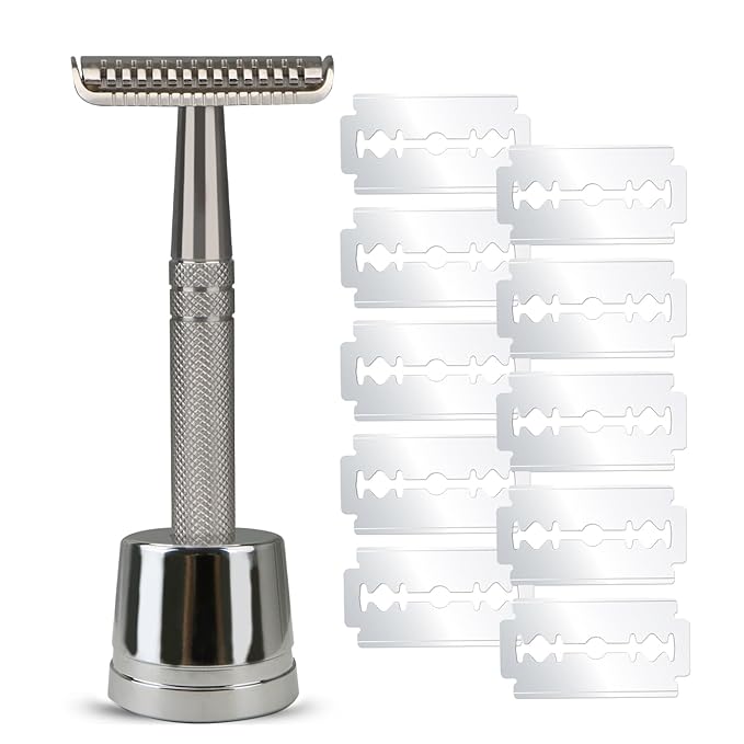 Double Edge Safety Razor with 10 Blades and Stand, Single Blade Razors for Men and Women, Long and Heavy Duty Stainless Steel Handle, Smooth Close Gentle Shave, Silver