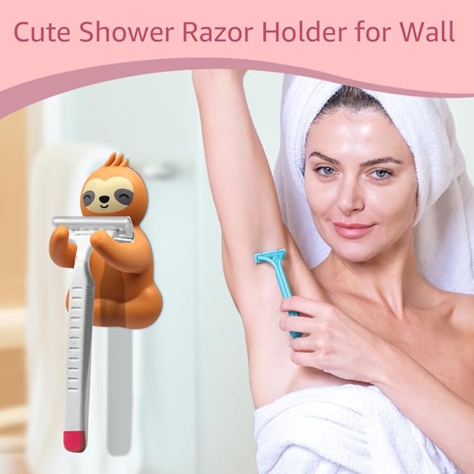 Razor Holder for Shower, Funny Sloth Safety Razor Stand for Women, Razor Hanger for Family, Towel Squeegee Shaver Hooks for Bathrooms Wall, Cute Decorative Shaver Hooks for Friend Sister D