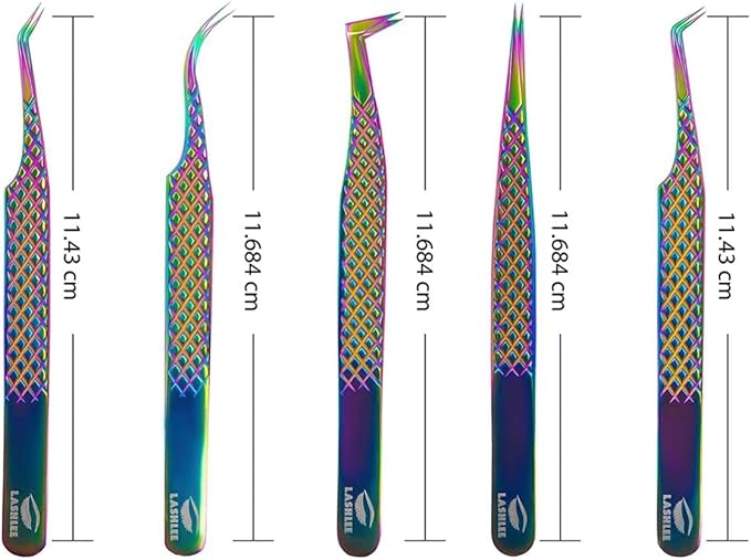 UM Supplies Eyelash Extension Tweezers pack of 5 | Professional Japanese Stainless Steel Tools | Straight | Curved | Angled | Tip 45 Degree | 90 Degree Volume Tweezers Precision Degree l Rainbow