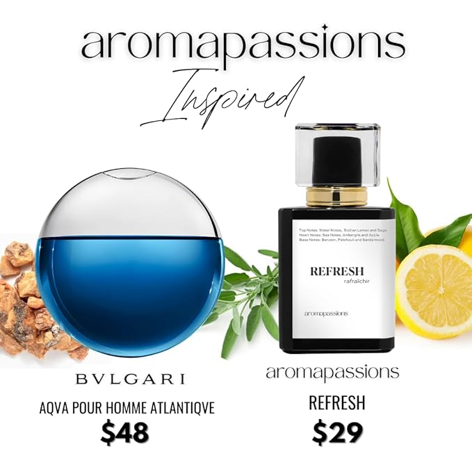 REFRESH | Inspired by BVLG AQVA POUR HOMME ATLANTIQVE | Pheromone Perfume for Men | Extrait De Parfum | Long Lasting Dupe Clone Essential Oils Fragrance | Perfume De Hombre | (50 ml / 1.7 Fl Oz)