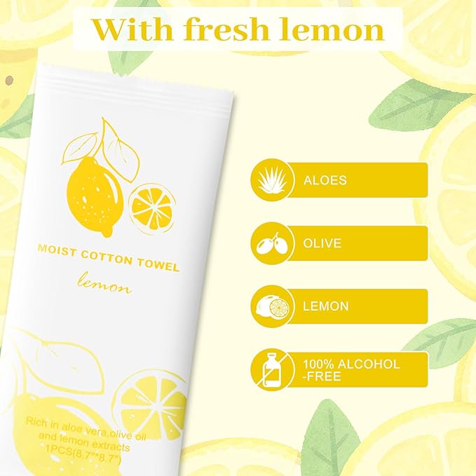 Moist Cotton Towel Bulk Moist Towelettes Individually Wrapped,White Towel Services,Refreshment Pre Moistened Towels for Dentist Travel Sport Party Hotel 100,Lemon