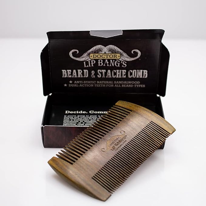 Doctor Lip Bang’s Beard and Stache Comb | Vegan | Cruelty-Free | 100% All-Natural Sandalwood | Anti-Static | Dual-Action Teeth for All Beard Types | Handmade in the United States