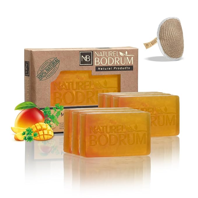 Mango and Coriander Organic Soap Bar for Women and Men, Pack of 6 Glycerin Soap Bars - UV-Repair & Acne-Control Bar Soap with Beta-Carotene & Vitamin E - Natural & Vegan Spa Gift, for All Skin Types