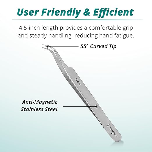 Excelta Curved Very Fine Point Tweezers, 4.5" Anti-Magnetic Stainless Steel, Basic