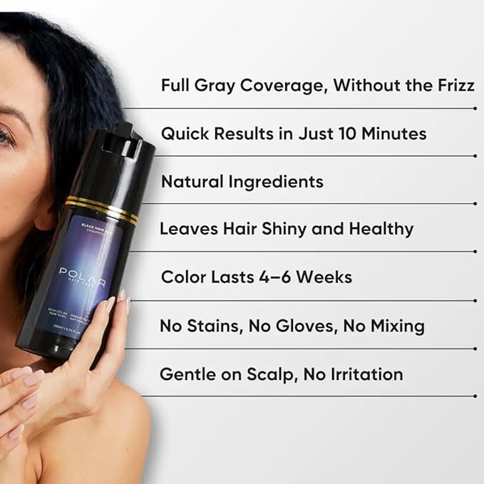 POLAR HAIR CARE Polar Haircare - Hair Dye Shampoo for Gray Hair for Women & Men (Jet Black) Natural Hair Dye Kit - Semi Permanent Hair Dye Shampoo - Vegan Hair Dye USA 6.76 Fl Oz