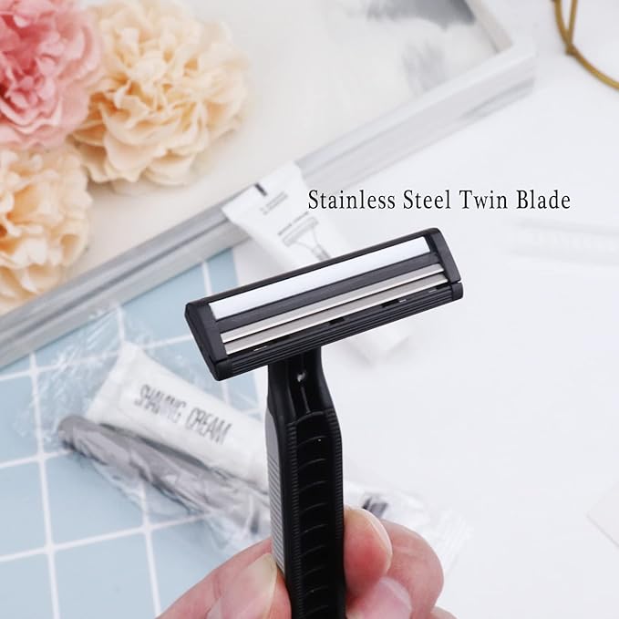 Disposable Razors in Bulk Pack of 60,Black Bulk Razors Disposable Individually Wrapped Twin Blade Disposable Shaving Razors with Shaving Cream and Clear Cap Set for Homeless,Hotel,Charity,Travel