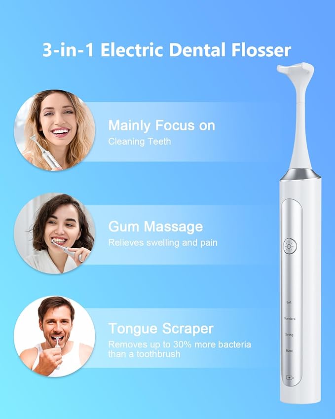 Rechargeable Electric Flosser – 4-Speed Dental Flosser with 60 Heads & Tongue Cleaner – contactless Charging Base for Adults & Kids – Dentist-Approved Gum Care & Water Flosser Alternative