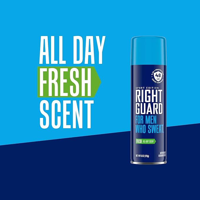 Right Guard Sport Fresh Scent Antiperspirant & Deodorant Spray - 4-in-1 Protection Spray Deodorant For Men, Blocks Sweat, 48-Hour Odor Protection, Quick-Drying, & Long-Lasting, 6oz (3 Pack)