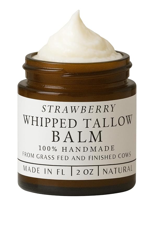 HANDMADE WHIPPED STRAWBERRY TALLOW BALM - Grass Fed - O. Essential Oils, O. Jojoba Oil, O. Arrowroot Powder