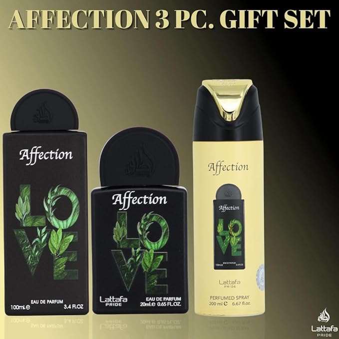 Lattafa Pride - Affection for Men - 3 Pc Gift Set 3.4oz EDP Spray, 6.67oz Perfumed Body Spray, 0.67oz EDP Spray