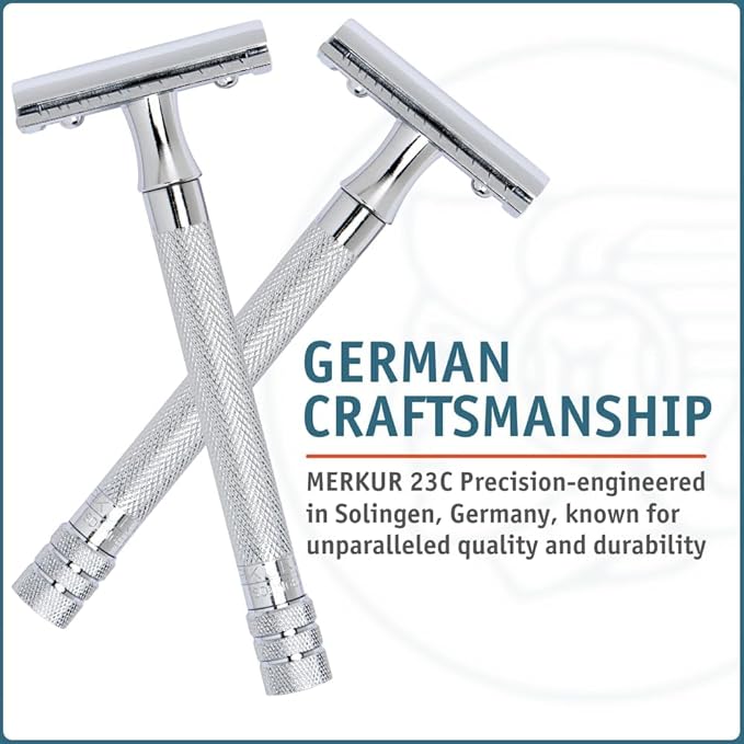 MERKUR 23C Double Edge Safety Razor - Polished Chrome, Long Knurled Brass Handle, Made in Germany, Plastic-Free, Three Piece Design, Closed Comb, Straight Bar