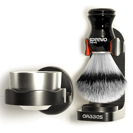 Anbbas Synthetic Badger Shaving Brush and Bowl with Black ABS Wall Mounting Type Holders for Soap Bowl and Brush for Men Wet Shave