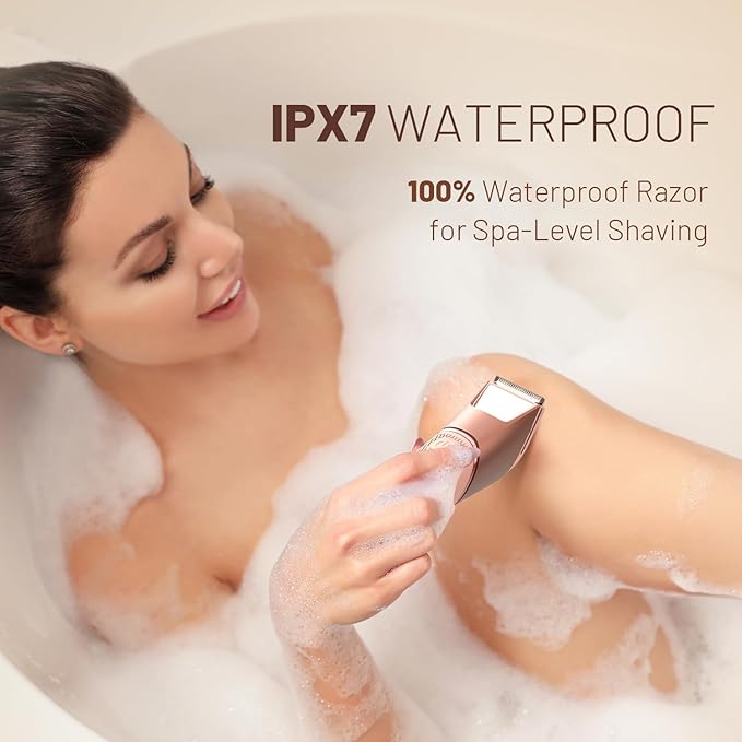Bikini Trimmer for Women: Pubic Hair Razor with Mirror & LED Light, Electric Shaver with Travel Lock & Ceramic Blades - Body Groomer IPX7 Waterproof Use for Legs/Arm/Underarm - Dusty Pink