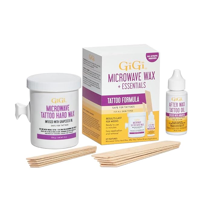GiGi Microwave Tattoo Hard Wax Kit - Hair Removal Wax for Sensitive Skin & Tattoos, Includes After Wax Oil & Applicators, 1 pack