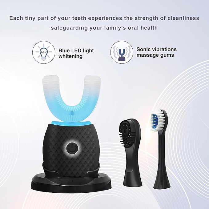 Smart U-Shaped Ultrasonic Toothbrush for Adults: 360° Full Mouth Cleaning with Auto Rotation, Smart Pressure Sensor & LED Light, Includes Foam Mousse, 4 Brush Heads and Charging Base (black)