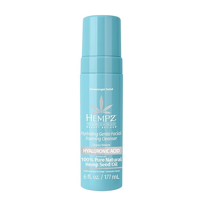 Hempz Ocean Breeze Hydrating Gentle Facial Foaming Cleanser with Hyaluronic Acid - Refreshingly Scented Moisturizing Foam Face Wash for Extremely Dry, Oily, or Sensitive Skin, for Women or Men, 6 Oz