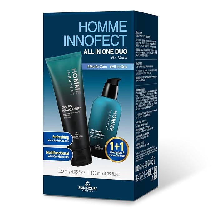 [New Years Gift ]HOMME INNOFECT All-in-One Skincare Duo for Men | Foaming Face Wash & All-in-One Moisturizer (Toner + Serum + Aftershave Balm) | Korean Skin Care for Sensitive Skin,Holiday Gift