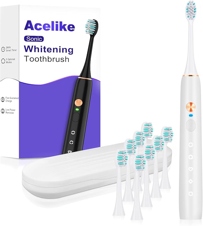 Whitening Electric Toothbrush for Adults and Kids, Rechargeable Toothbrush with 8 Brush Heads & Travel Case, 5 Modes & Smart Timer, 45000VPM Deep Clean, IPX7,One Fast Charge Last 120 Days - White