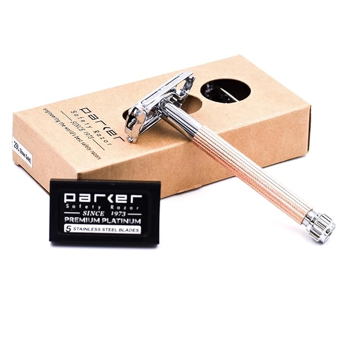 Parker 29L Rose Gold, Long Handle Butterfly Open Double Edge Safety Razor for Men & Women, 5 Parker Premium Platinum Double Edge Razor Blades Included