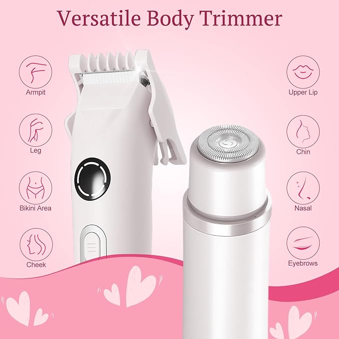 Bikini Trimmer for Women, 4 in 1 Wet/Dry Electric Razors for Women - Dual Head, Painless Rechargeable Portable Womens Razors for Shaving Set for Face, Nose, Eyebrows, Armpits, Bikini Area (White)