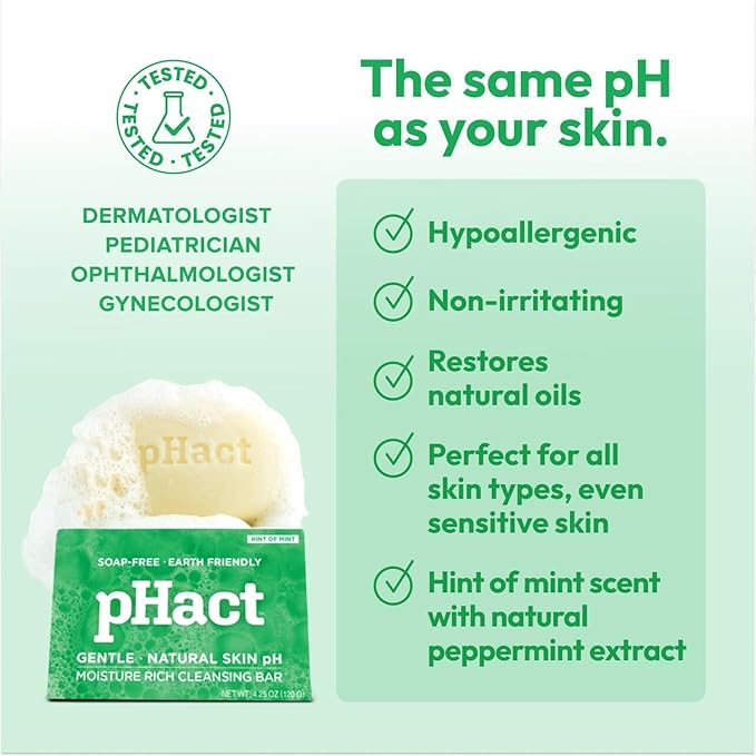 ANDREW LESSMAN pHact Moisture-Rich, Soap-Free Cleansing Bar Hint of Mint. Natural Skin pH. All Skin Types - Even Sensitive Skin. Hypoallergenic. Dermatologist Tested. 3 Pack 4.25 oz each