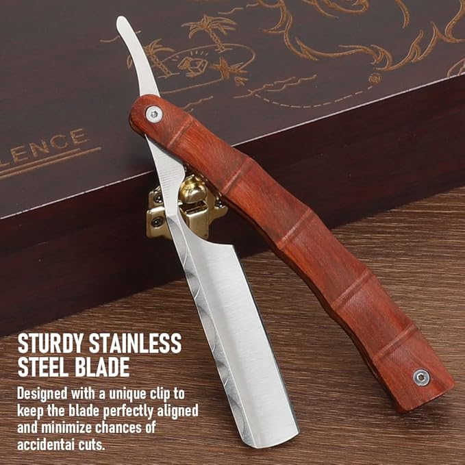Professional Straight Blade Razor Kit with Strop - Stainless Steel Sharp Shaver Straight Edge Barber Razor for Men Home & Salon Grooming Using (Brown)