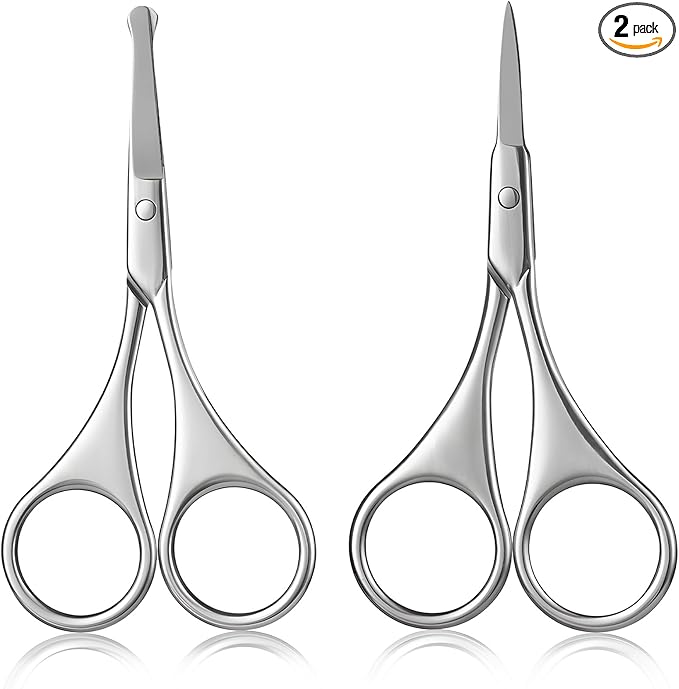 2Pcs Facial Hair Small Grooming Scissors For Men Women - Eyebrow, Nose Hair, Mustache, Beard, Eyelashes, Ear Trimming Kit - Curved and Rounded Safety Tip Clippers For Hair Cutting - Silver