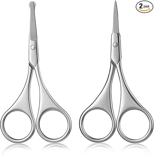 2Pcs Facial Hair Small Grooming Scissors For Men Women - Eyebrow, Nose Hair, Mustache, Beard, Eyelashes, Ear Trimming Kit - Curved and Rounded Safety Tip Clippers For Hair Cutting - Silver