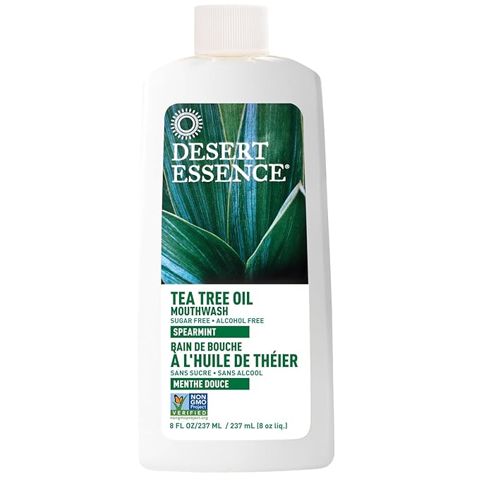 Desert Essence Alcohol-Free Mouthwash with Tea Tree Oil and Aloe, Sugar-Free, Oral Rinse to Provide Botanical Care for Teeth & Gums, Vegan, Non-GMO, SLS-Free, Gluten-Free, Spearmint Flavor, 8oz