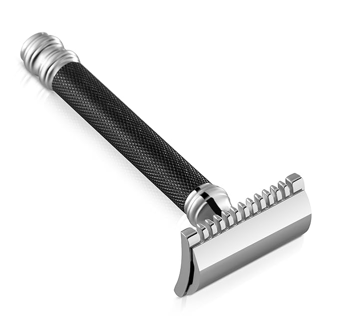 Parker Open Comb Double Edge Safety Razor – Heavyweight Chrome Handle for Closer Shaves – Includes 5 Razor Blades – Ideal for Men with Thick or Coarse Beards (26C - Graphite Gray)