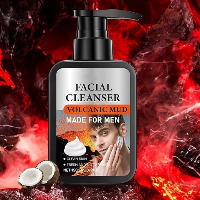 Volcanic Mud Facial Cleanser - Deep Pore Cleansing & Oil Control, Gentle Formula with Coconut Oil & Vitamin C, Face Washing, Mens Beard Face Wash, Exfoliates Skin, Moisturizing for All Skin Types