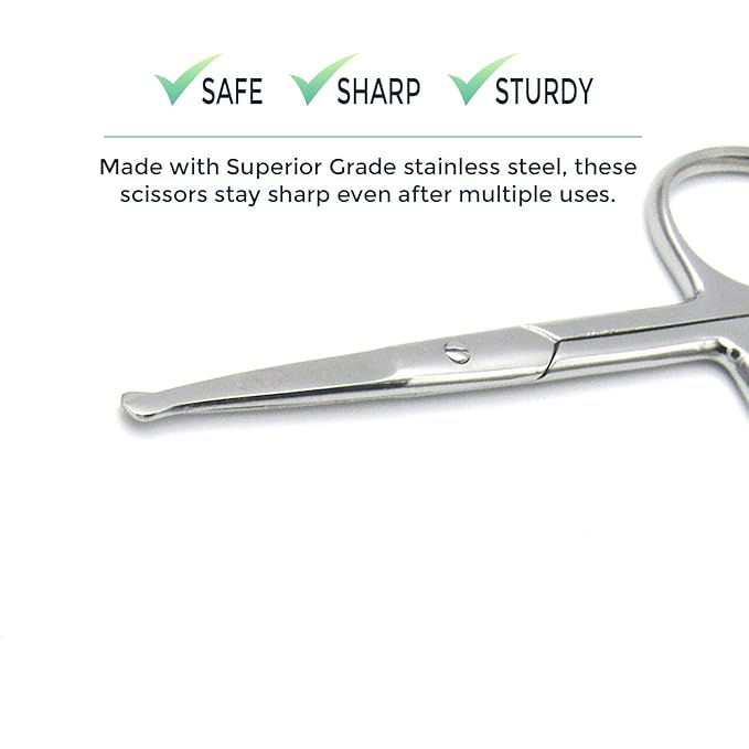 Rounded Stainless Steel Small Facial Hair Scissors – Rounded Tip Scissors for Nose Hair, Mustache, Beard, Eyebrows, Eyelashes, and Baby Nails.