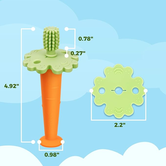 Papablic Baby Toothbrush Teether, 360° Carrot Toothbrush Teething Toy with Suction Base, Easter Gift Travel Essentials for Toddler Infants 6-12 Months