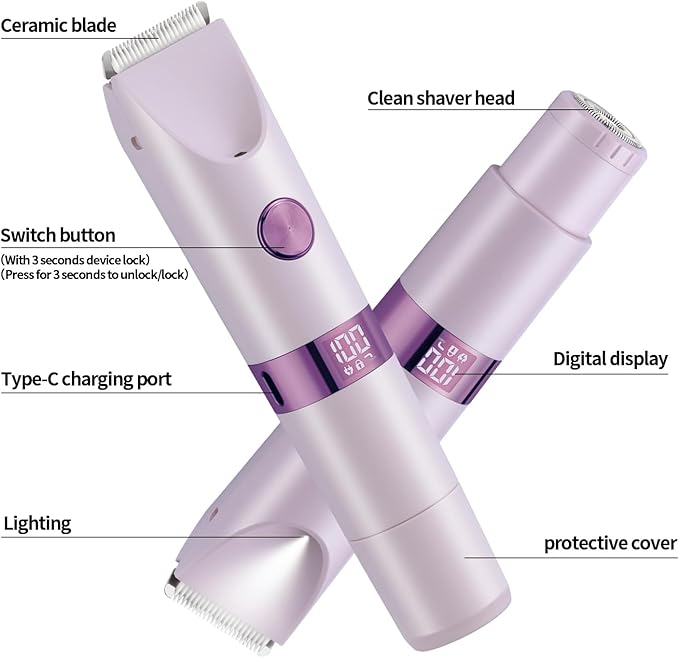 Bikini Trimmer for Women，Dual Head Women Shaver IPX6 Waterproof Cordless Pain Free Hair Removal with Safety Lock Trimmer for Smooth Skin Ideal for Bikini Area Body and Facial Hair (Purple)