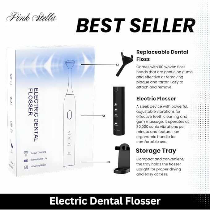 Electric Dental Flosser| Tongue Scrapper| Gum Massager and Stimulator for Adults and Kids| 60 Reuseable Floss Heads| A Better Alternative to Water Flosser